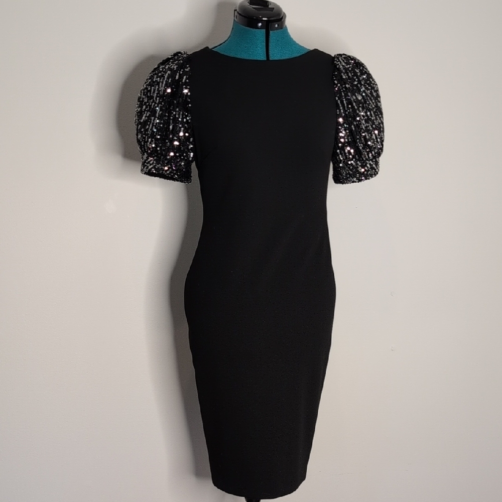 Calvin Klein Black Cocktail Dress with Sequin Sleeves